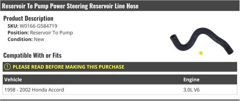 Marketplace Auto Parts Reservoir to Pump Power Steering Reservoir Line Hose - Compatible with 1998-2002 Honda Accord 3.0L V6 in Kuwait