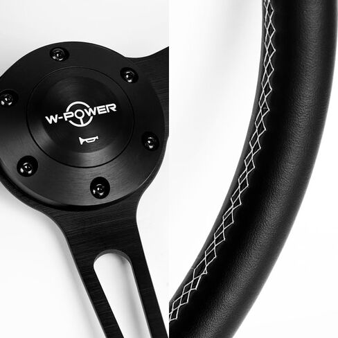 15" Black Leather White Stitch W-Power 380MM 6-Hole Matt Black 3-Spoke Steering Wheel in Saudi Arabia