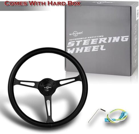 15" Black Leather White Stitch W-Power 380MM 6-Hole Matt Black 3-Spoke Steering Wheel in Saudi Arabia