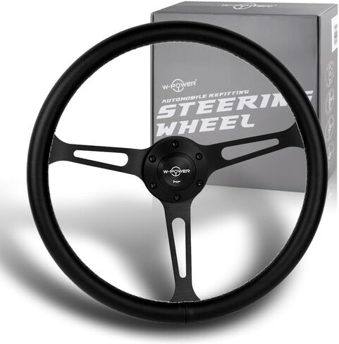 15" Black Leather White Stitch W-Power 380MM 6-Hole Matt Black 3-Spoke Steering Wheel in Saudi Arabia
