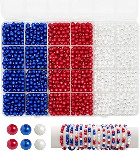 1500pcs Red White and Blue Beads, 6mm Independence Day Patriotic Round Pearl Beads for DIY Bracelet Necklace Jewelry Making, 4th of July Arts Crafts Beading Supplies (Boxed) in Saudi Arabia