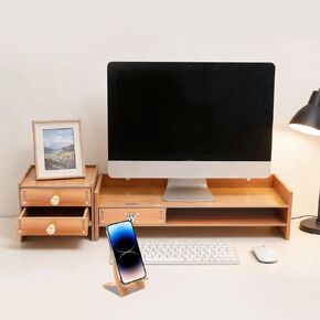 Wood Monitor Stand Riser, Exquisite Computer Riser for Desk with Storage Drawer, No Assembly Required, 2 Tier Computer Office Desk Top Monitor Shelf for Home Office in Saudi Arabia