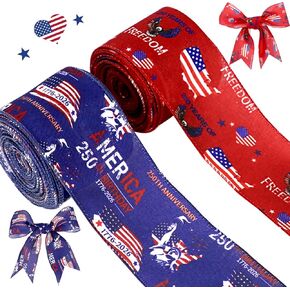 250th Anniversary 4th of July Ribbon, Red White Blue Patriotic Ribbon for Crafts, 2 Rolls USA Flag Stars and Stripes Wired Independence Day Memorial Day Tree Decoration Gift Wrapping Bow Wreaths DIY in Kuwait
