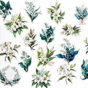 40pcs PET Transparent Clear Vinyl White Lily Blue Flower Stickers Decals Bulk Waterproof for Scrapbooking Crafts Wall Car Envelopes Windows Resin Journaling Water Bottles Planners Cups Adults in Saudi Arabia