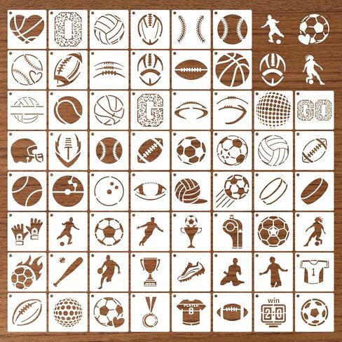 60Pcs Sport Stencils for Crafts on Wood Burning Patterns, Football Volleyball Reusable Wall Stencils for Painting, Art Painting on Wood Wall Canvas Template for DIY Canvas Art Projects Walls（ 3*3 Inch in Saudi Arabia