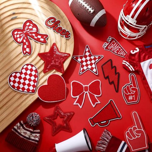 Glitinsel 24 Pcs Football Game Day Cheer Iron on Patches, Red Cheer Hats Iron on Embroidered Sport Sew on Appliques for Backpacks Clothes Football Enthusiasts Team Fans DIY Crafts(Game Day) in Saudi Arabia