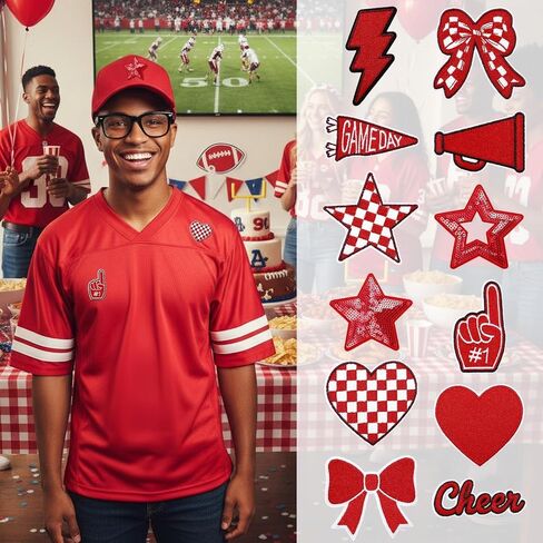 Glitinsel 24 Pcs Football Game Day Cheer Iron on Patches, Red Cheer Hats Iron on Embroidered Sport Sew on Appliques for Backpacks Clothes Football Enthusiasts Team Fans DIY Crafts(Game Day) in Saudi Arabia