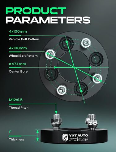 YHTAUTO 4x100 to 4x108 mm Wheel Adapters 1 inch Fits Chevrolet, Dodge, Honda, Mazda, Saturn, Scion, Acura, Toyota, Accord, Civic, Tire Adapters w/ M12x1.5 & 12.9 Studs, 67.1 mm Center Bore 4 Lug 4PCS in Kuwait