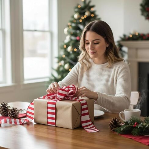 RG Ribbon: 1.5" Horizontal Striped Canvas with Wired Edges, 10 Yards - Red, White - for Bows, Wreaths, Crafts and Decorations in Kuwait