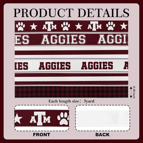 YKW 6 Pack Aggies Ribbon, 3/8 Inch 18 Yards Maroon Grosgrain Ribbon for Hair Bows, Crafts, Game Day Decorations & Gift Wrapping in Saudi Arabia
