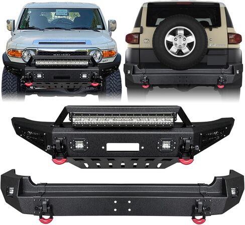 Front and Rear Bumper Textured Black w/Winch Plate & 5 LED Lights & 4 4.75T D-Rings & Compatible with 2007-2014 Toyota FJ Cruiser | Rock Climber in Saudi Arabia