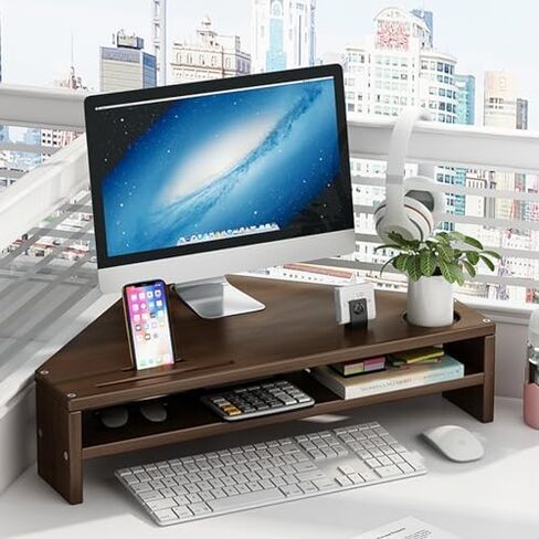Brown Corner Monitor Stand, Double-Layer Wood Riser for Office, Triangle Tabletop Design, Universal Monitor Holder with Storage, Space-Saving Desk Organizer. in Saudi Arabia