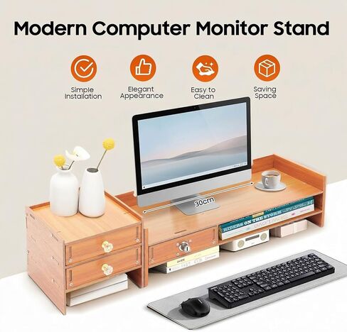 Wood Monitor Stand Riser, Exquisite Computer Riser for Desk with Storage Drawer, No Assembly Required, 2 Tier Computer Office Desk Top Monitor Shelf for Home Office in Saudi Arabia