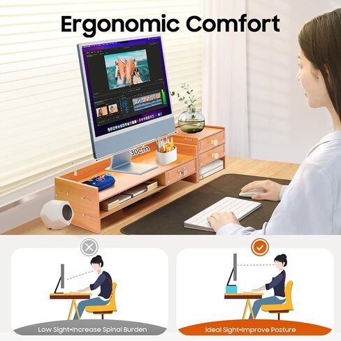 Wood Monitor Stand Riser, Exquisite Computer Riser for Desk with Storage Drawer, No Assembly Required, 2 Tier Computer Office Desk Top Monitor Shelf for Home Office in Saudi Arabia