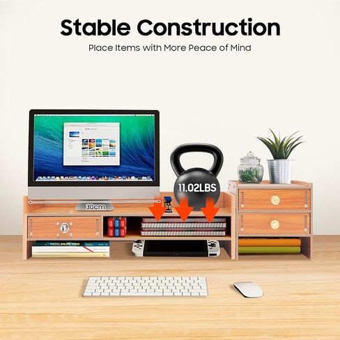 Wood Monitor Stand Riser, Exquisite Computer Riser for Desk with Storage Drawer, No Assembly Required, 2 Tier Computer Office Desk Top Monitor Shelf for Home Office in Saudi Arabia
