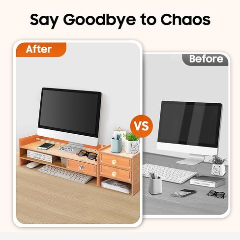 Wood Monitor Stand Riser, Exquisite Computer Riser for Desk with Storage Drawer, No Assembly Required, 2 Tier Computer Office Desk Top Monitor Shelf for Home Office in Saudi Arabia
