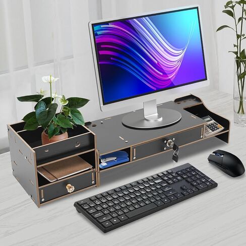 Wood Monitor Stand Riser, Exquisite Computer Riser for Desk with Storage Drawer, No Assembly Required, 2 Tier Computer Office Desk Top Monitor Shelf for Home Office in Saudi Arabia