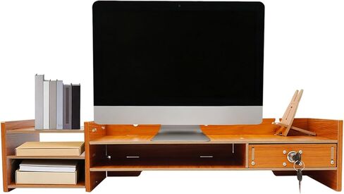 Wood Monitor Stand Riser, Exquisite Computer Riser for Desk with Storage Drawer, No Assembly Required, 2 Tier Computer Office Desk Top Monitor Shelf for Home Office in Saudi Arabia