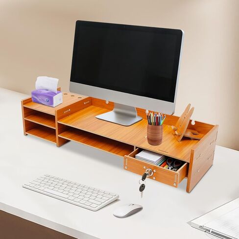 Wood Monitor Stand Riser, Exquisite Computer Riser for Desk with Storage Drawer, No Assembly Required, 2 Tier Computer Office Desk Top Monitor Shelf for Home Office in Saudi Arabia