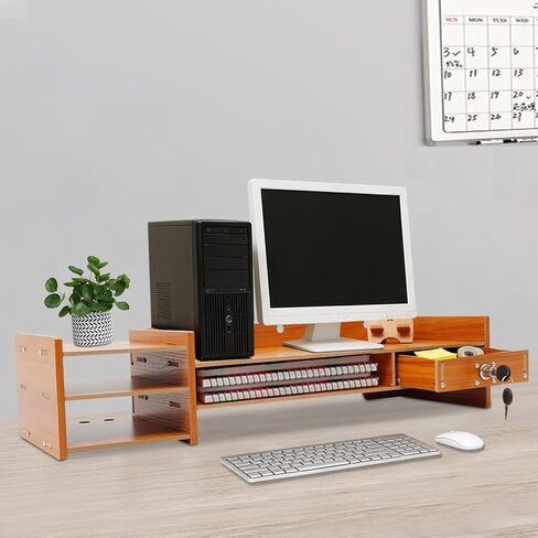 Wood Monitor Stand Riser, Exquisite Computer Riser for Desk with Storage Drawer, No Assembly Required, 2 Tier Computer Office Desk Top Monitor Shelf for Home Office in Saudi Arabia
