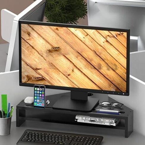 Double-Layer Black Monitor Stand Riser - Cute Corner Shelf with 2 Slots & Storage, Triangle Design for Universal Office Use - Enhance Workspace Ergonomics and Organization in Saudi Arabia