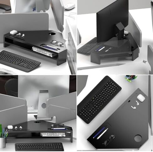 Double-Layer Black Monitor Stand Riser - Cute Corner Shelf with 2 Slots & Storage, Triangle Design for Universal Office Use - Enhance Workspace Ergonomics and Organization in Saudi Arabia