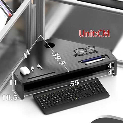 Double-Layer Black Monitor Stand Riser - Cute Corner Shelf with 2 Slots & Storage, Triangle Design for Universal Office Use - Enhance Workspace Ergonomics and Organization in Saudi Arabia