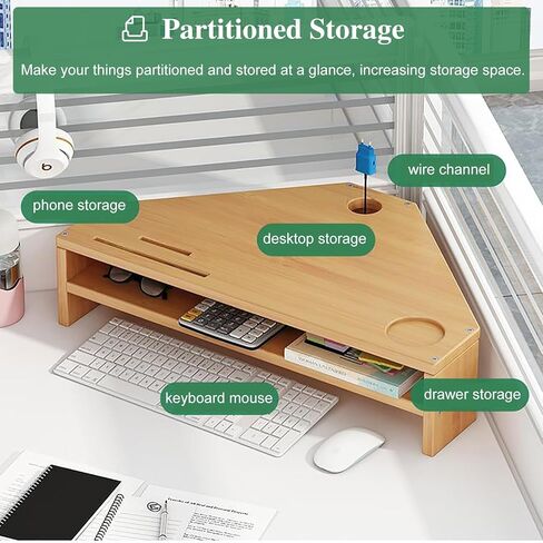 Corner Monitor Stand with 2 Tiers - Triangle Organizer for Desk, Phone Slots, 21-inch Office Stand for Printer & Accessories (Brown) - Space-Saving Design in Saudi Arabia
