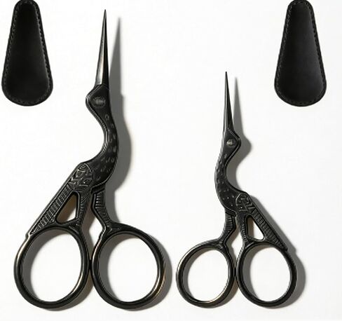 2 PCS Black Stork Embroidery Scissors with Leather Covers, 4.5 Inch & 3.7 Inch Stainless Steel Small Sewing Scissors, Sharp Precision Thread Snips for Cross Stitch/DIY Craft/Tailoring/Needlepoint in Saudi Arabia