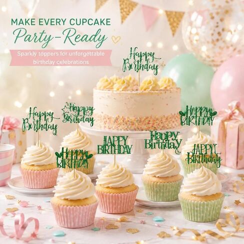 12 PCS Happy Birthday Cupcake Toppers Green Glitter Cupcake Picks 6 Styles for Kids Adult Birthday Party Celebration Decorations Supplies in Saudi Arabia