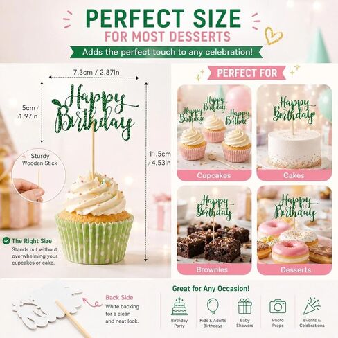 12 PCS Happy Birthday Cupcake Toppers Green Glitter Cupcake Picks 6 Styles for Kids Adult Birthday Party Celebration Decorations Supplies in Saudi Arabia
