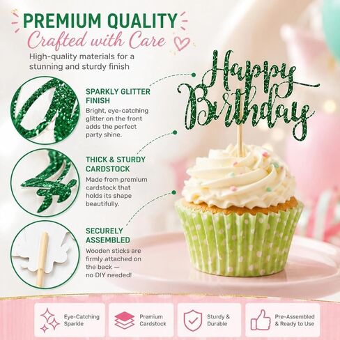 12 PCS Happy Birthday Cupcake Toppers Green Glitter Cupcake Picks 6 Styles for Kids Adult Birthday Party Celebration Decorations Supplies in Saudi Arabia