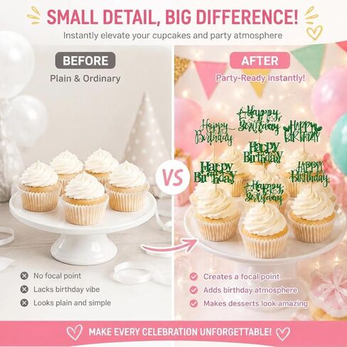 12 PCS Happy Birthday Cupcake Toppers Green Glitter Cupcake Picks 6 Styles for Kids Adult Birthday Party Celebration Decorations Supplies in Saudi Arabia
