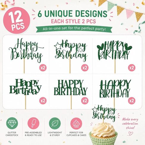 12 PCS Happy Birthday Cupcake Toppers Green Glitter Cupcake Picks 6 Styles for Kids Adult Birthday Party Celebration Decorations Supplies in Saudi Arabia