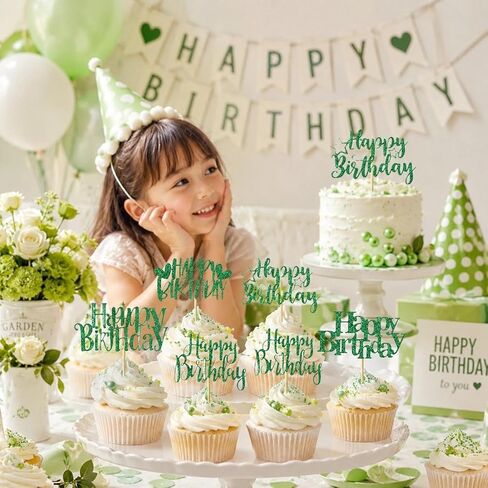 12 PCS Happy Birthday Cupcake Toppers Green Glitter Cupcake Picks 6 Styles for Kids Adult Birthday Party Celebration Decorations Supplies in Saudi Arabia