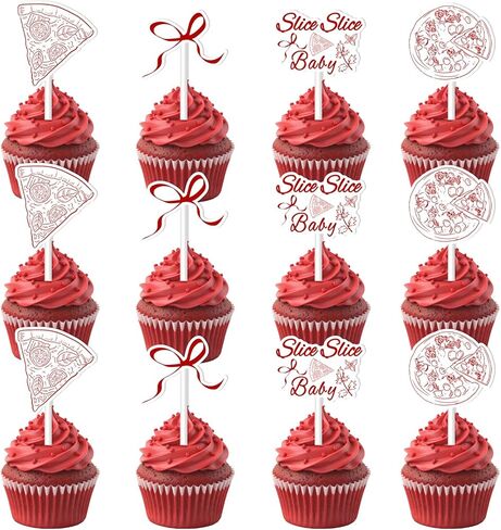 36PCS Slice Slice Baby Cupcake Toppers Italian Pizza Theme Baby Shower Cake Decorations Red Bow Italy Food Cupcake Pick for Boys Girls Pizza Cooking Party Decor Supplies in Saudi Arabia