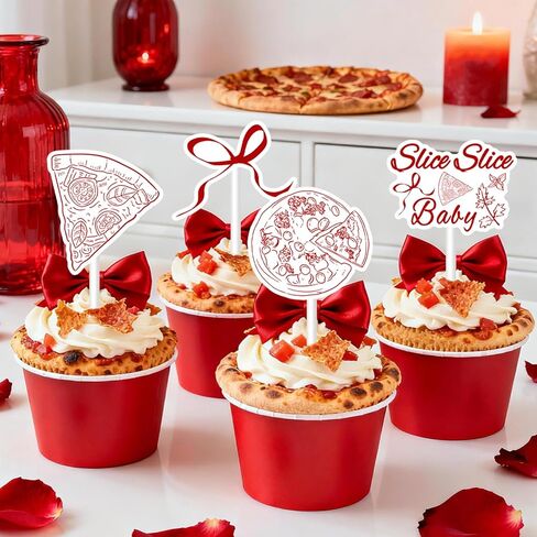 36PCS Slice Slice Baby Cupcake Toppers Italian Pizza Theme Baby Shower Cake Decorations Red Bow Italy Food Cupcake Pick for Boys Girls Pizza Cooking Party Decor Supplies in Saudi Arabia
