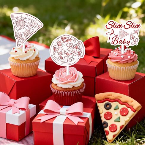 36PCS Slice Slice Baby Cupcake Toppers Italian Pizza Theme Baby Shower Cake Decorations Red Bow Italy Food Cupcake Pick for Boys Girls Pizza Cooking Party Decor Supplies in Saudi Arabia