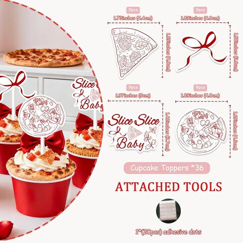 36PCS Slice Slice Baby Cupcake Toppers Italian Pizza Theme Baby Shower Cake Decorations Red Bow Italy Food Cupcake Pick for Boys Girls Pizza Cooking Party Decor Supplies in Saudi Arabia