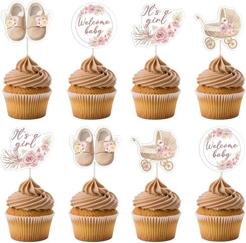 Boho Floral Baby Shower Decorations for Girl 36Pcs Boho Baby Shower Cupcake Toppers Pampas BabyShower Decoration Pink Floral Pampas Grass It's A Girl Cupcake Topper for Pregnancy Celebration in Kuwait