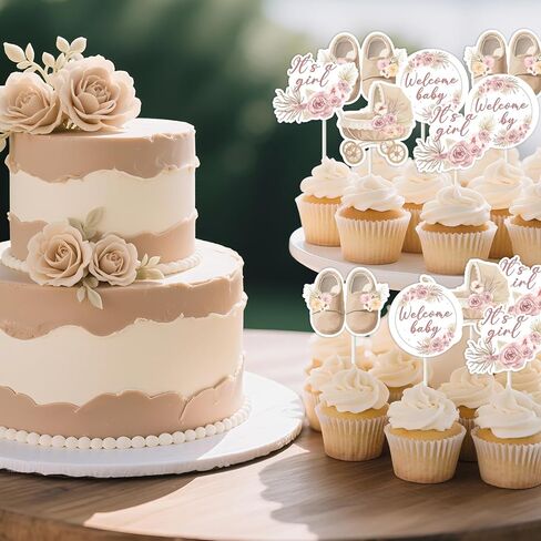 Boho Floral Baby Shower Decorations for Girl 36Pcs Boho Baby Shower Cupcake Toppers Pampas BabyShower Decoration Pink Floral Pampas Grass It's A Girl Cupcake Topper for Pregnancy Celebration in Kuwait
