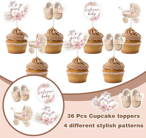 Boho Floral Baby Shower Decorations for Girl 36Pcs Boho Baby Shower Cupcake Toppers Pampas BabyShower Decoration Pink Floral Pampas Grass It's A Girl Cupcake Topper for Pregnancy Celebration in Kuwait