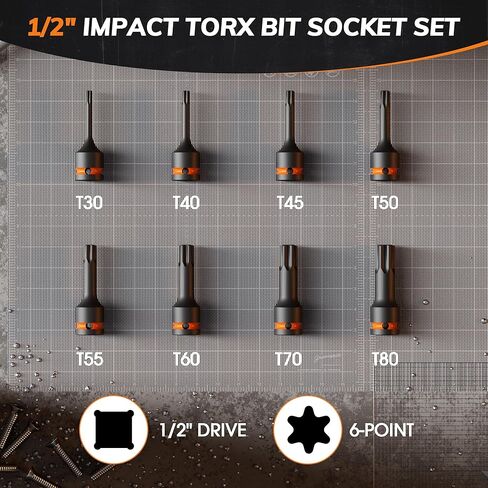 8-Piece 1/2" Drive Impact Torx Bit Socket Set, T30 T40 T45 T50 T55 T60 T70 T80, Cr-Mo Steel with Locking Pin Hole & Storage Case, Professional Grade for Automotive & Machinery Repair in Saudi Arabia