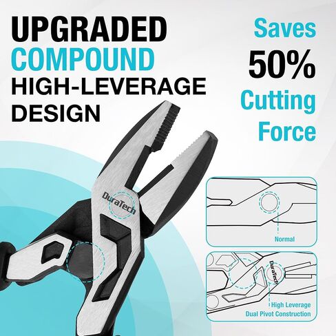 DURATECH 8-Inch Compound Lineman's Pliers, Gen 2 Dual Pivot High-Leverage Design for Ultra Labor-Saving, CR-V Steel Linesman Pliers with Wire Cutter & TPR Grip in Kuwait
