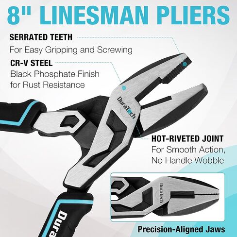 DURATECH 8-Inch Compound Lineman's Pliers, Gen 2 Dual Pivot High-Leverage Design for Ultra Labor-Saving, CR-V Steel Linesman Pliers with Wire Cutter & TPR Grip in Kuwait