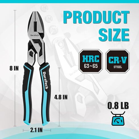 DURATECH 8-Inch Compound Lineman's Pliers, Gen 2 Dual Pivot High-Leverage Design for Ultra Labor-Saving, CR-V Steel Linesman Pliers with Wire Cutter & TPR Grip in Kuwait