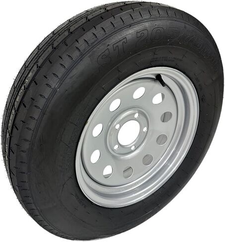 ST205/75R15 TRAILQUEST RADIAL TRAILER TIRE ON RIM, LOAD RANGE C 6 PLY, ON 5 LUG SILVER MODULAR STYLE WHEEL WITH 5X4.5" BOLT PATTERN. REPLACES F78 OR D15 - INCLUDES WARRANTY in Saudi Arabia