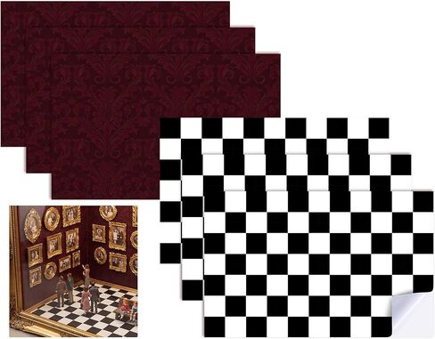 Lewtemi 6 Sheets Dollhouse Wallpaper & Flooring Set Self Adhesive Paper Mini Dollhouse Accessories for Miniature Museum Wall Floor DIY Mini Room Decor 11.8 x 7.9 Inch(Checkered Style,Red,Black White) in Kuwait