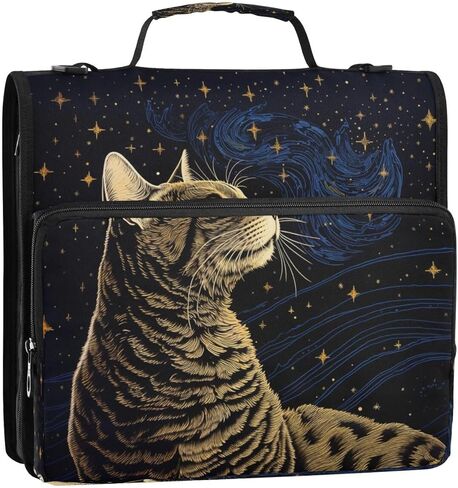 ALAZA Lovely Cat Kitten Starry Star Zipper Binder 3 Ring Binder Organizer with Zipper and Shoulder Strap Large Capacity Multi-Pocket for Office Supplies Work in Kuwait