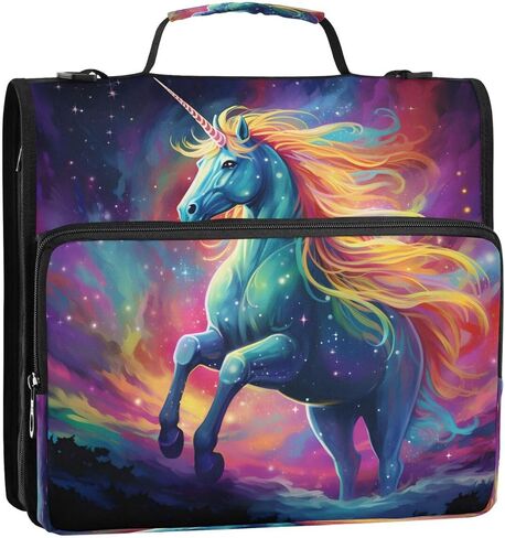 ALAZA Galaxy Nebula Space Unicorn Zipper Binder 3 حلقات منظم مع سحاب وحزام كتف سعة كبيرة متعددة الجيوب لعمل اللوازم المكتبية in Kuwait